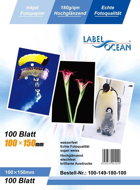 100 Blatt 10x15 cm 180g/m² Fotopapier HGlossy+wasserfest von LabelOcean (R)