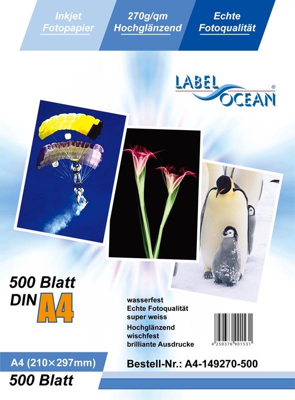 500 Blatt DIN A4 270g/m² Fotopapier HGlossy+wasserfest von LabelOcean (R)