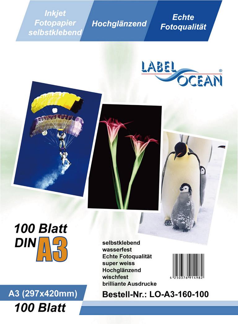 100 Bl. A3 Fotopapier selbstklebend HighGlossy+wasserfest von LabelOcean