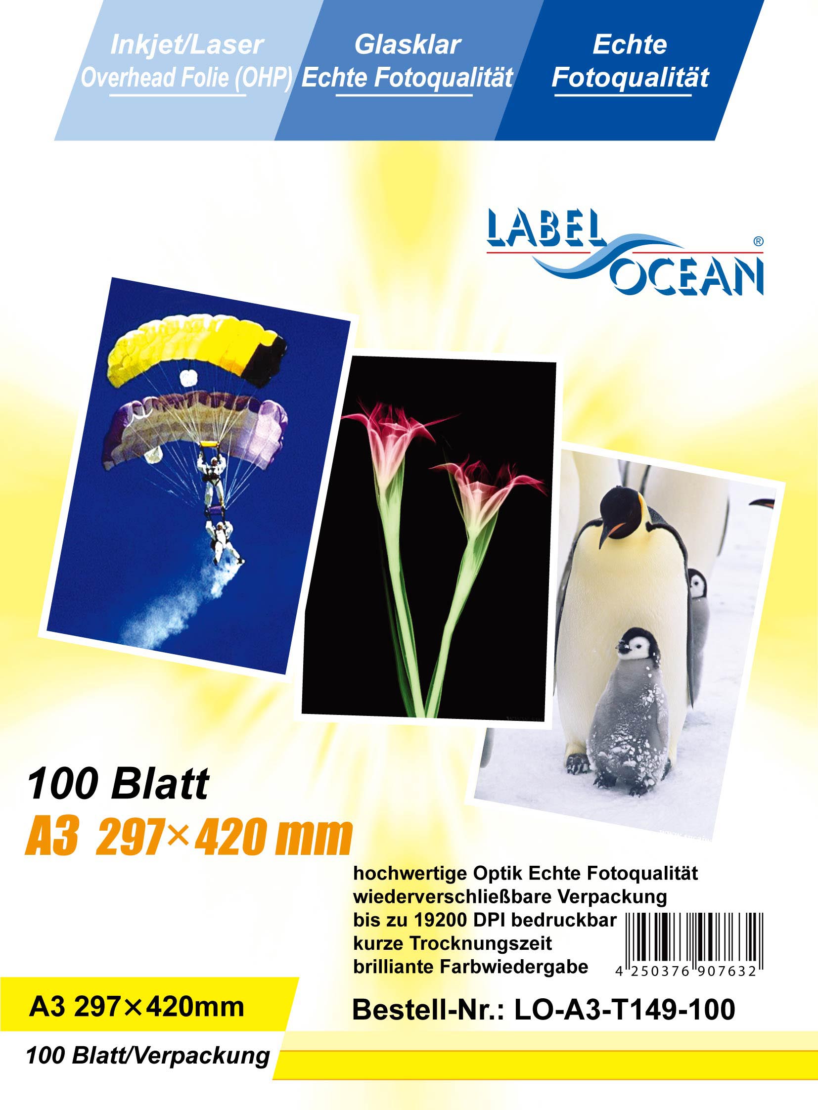 100 Bl. A3 Overheadfolie Overhead OHP Folie InkJet/Laserdrucker  von LabelOcean
